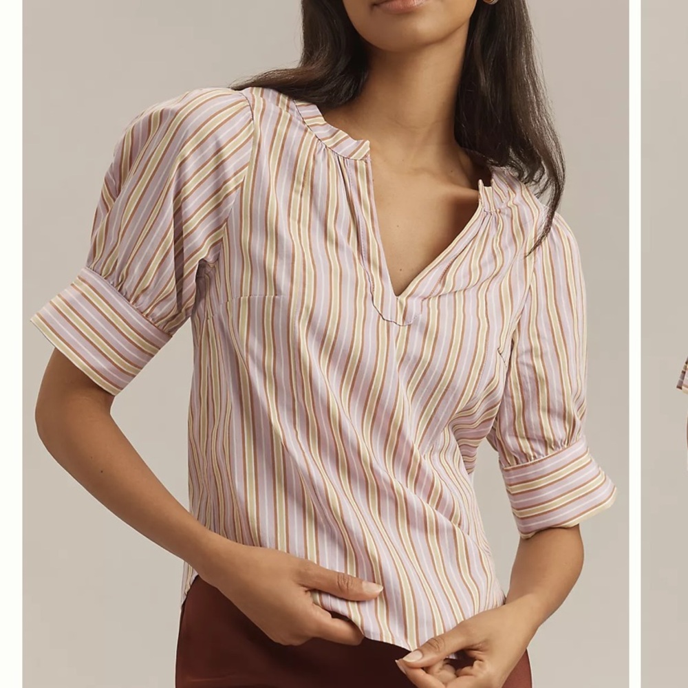 Maeve Anthropologie Puff Sleeve V Neck Striped Blouse Top Size Small